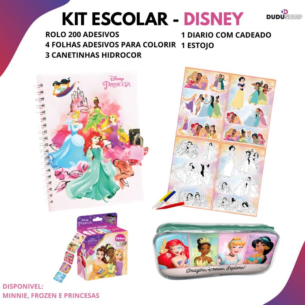 Material Escolar Estojo Diario Adesivos Disney Meninas Frozen Princesas Minnie Volta ás Aulas Material Escolar Estojo Diario Adesivos Disney Meninas Frozen Princesas Minnie Volta ás Aulas