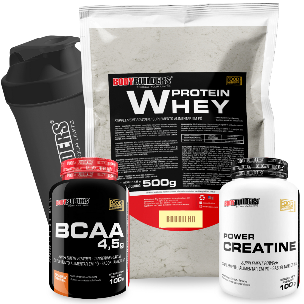 Kit Whey Protein Concentrado 500g + BCAA 100g + Power Creatina 100g + Coqueteleira – Bodybuilders Kit Whey Protein Concentrado 500g + BCAA 100g + Power Creatina 100g + Coqueteleira – Bodybuilders