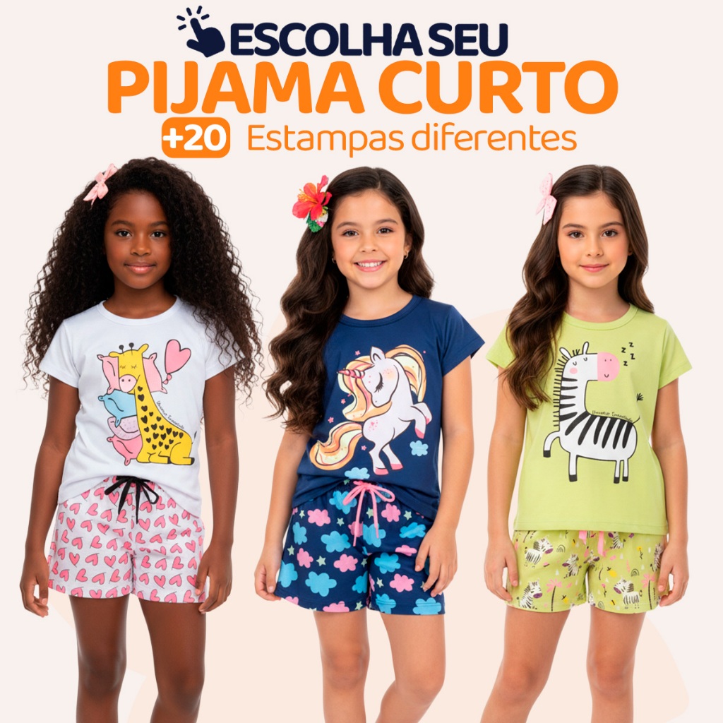 Pijama Infantil Menina Manga Curta com Estampas Fofas e Conforto Roupa de Dormir Criança Feminino Verão Calor. L05 Pijama Infantil Menina Manga Curta com Estampas Fofas e Conforto Roupa de Dormir Criança Feminino Verão Calor. L05