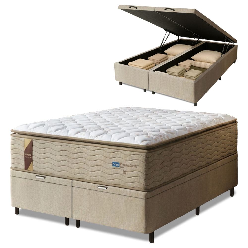 Cama Box Baú Colchão Casal Queen Probel Molas Guarda Costas Max Pillow Top 158x198x81cm Bege/Branco Cama Box Baú Colchão Casal Queen Probel Molas Guarda Costas Max Pillow Top 158x198x81cm Bege/Branco