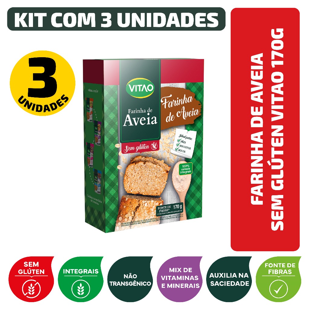 Kit Farinha De Aveia Sem Glúten Vitao 170G – 3 Unidades Kit Farinha De Aveia Sem Glúten Vitao 170G – 3 Unidades