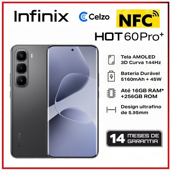 Smartphone Infinix Hot 60 Pro+ NFC Tela 6.78” 8GB+256GB, Preto elegante Smartphone Infinix Hot 60 Pro+ NFC Tela 6.78” 8GB+256GB, Preto elegante
