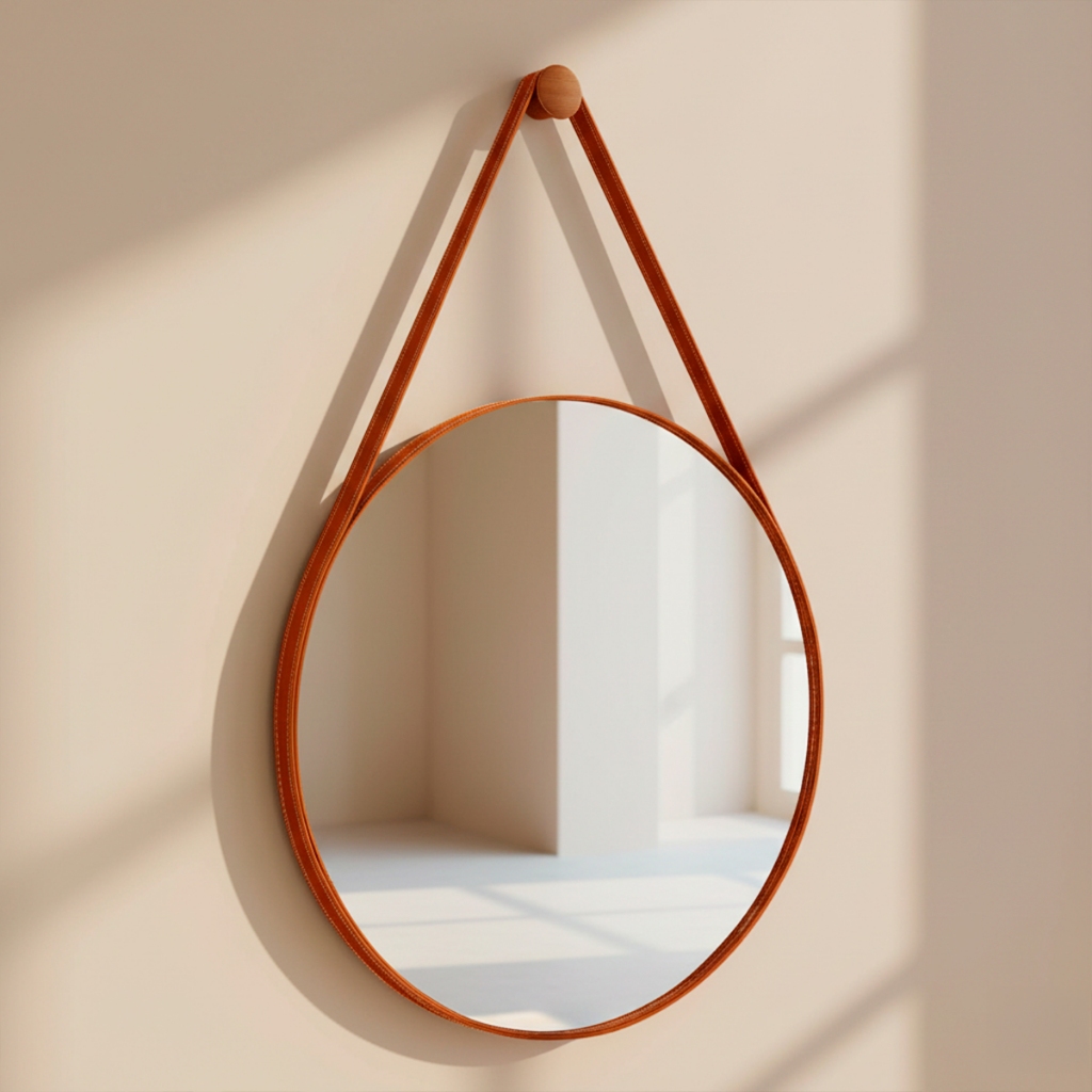 Espelho Decorativo Redondo Banheiro + Suporte de Parede 60cm Adnet Suspenso C/ Alça em Couro Espelho Decorativo Redondo Banheiro + Suporte de Parede 60cm Adnet Suspenso C/ Alça em Couro