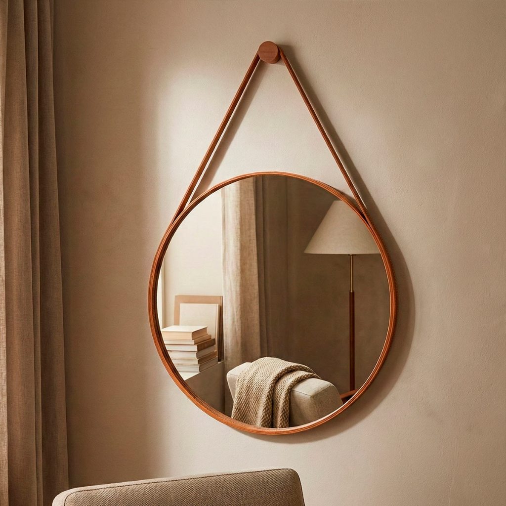 Espelho Decorativo Sala Lavabo Escritório Alça Em Couro Ecológico 30cm + Suporte Pino de Fixação Espelho Decorativo Sala Lavabo Escritório Alça Em Couro Ecológico 30cm + Suporte Pino de Fixação
