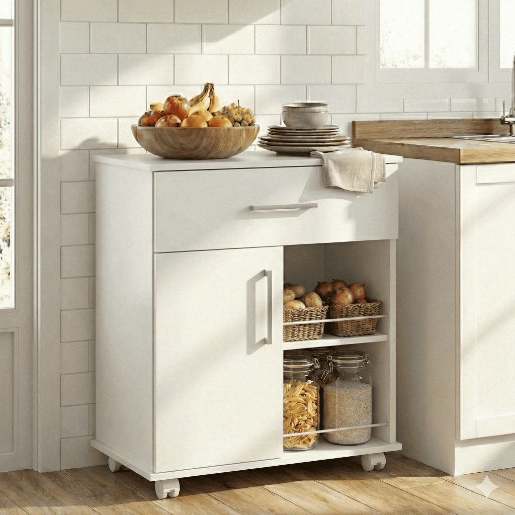 Bancada de Cozinha Auxiliar com Fruteira, Porta e Rodinhas Pronta Entrega Bancada de Cozinha Auxiliar com Fruteira, Porta e Rodinhas Pronta Entrega