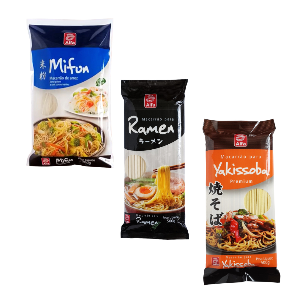 Kit 3 massas orientais: yakissoba, mifun e ramen Kit 3 massas orientais: yakissoba, mifun e ramen