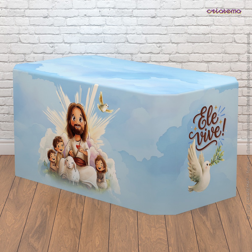 Capa Forro de Mesa Decorativa Páscoa Religiosa Sublimado Em Tecido Veste Fácil