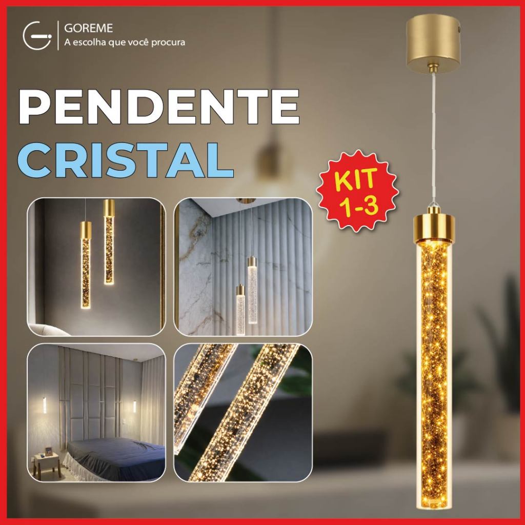 Luminária Pendente Cristal Led Tubo Dourado Ajustável Luz Frita Neutra e Quente Bivolt Luminária Pendente Cristal Led Tubo Dourado Ajustável Luz Frita Neutra e Quente Bivolt
