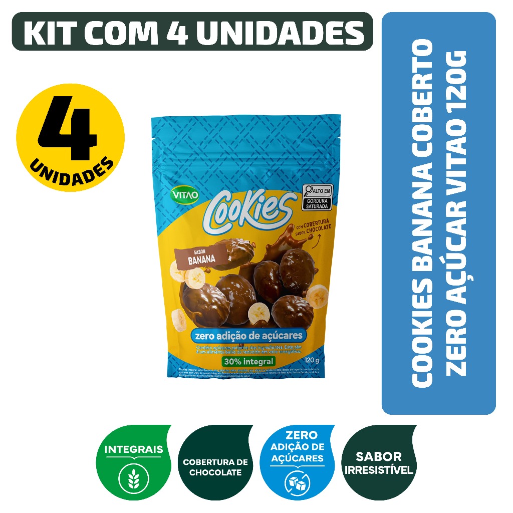 Kit Cookies Banana Coberto Zero Açúcar Vitao 120G – 4 Unidades Kit Cookies Banana Coberto Zero Açúcar Vitao 120G – 4 Unidades