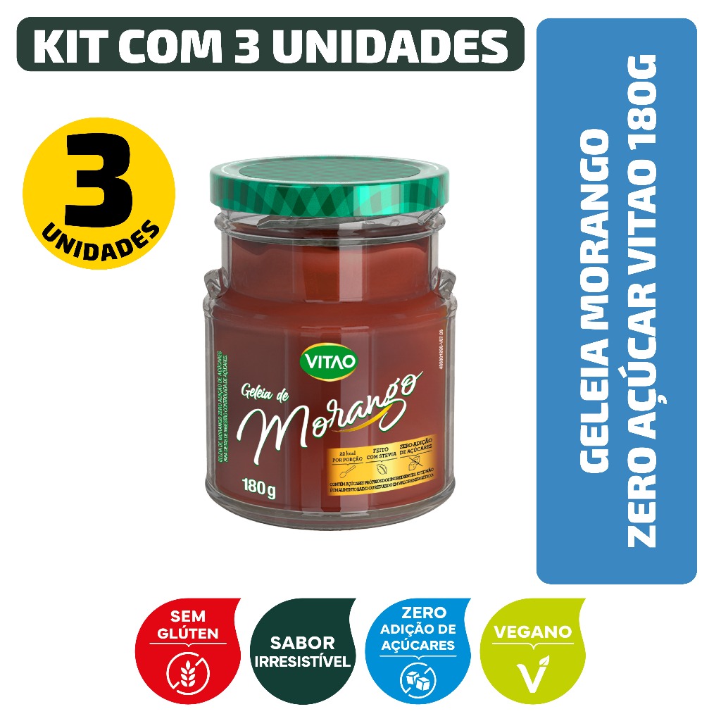 Kit Geleia Morango Zero Açúcar Vitao 180G – 3 Unidades Kit Geleia Morango Zero Açúcar Vitao 180G – 3 Unidades