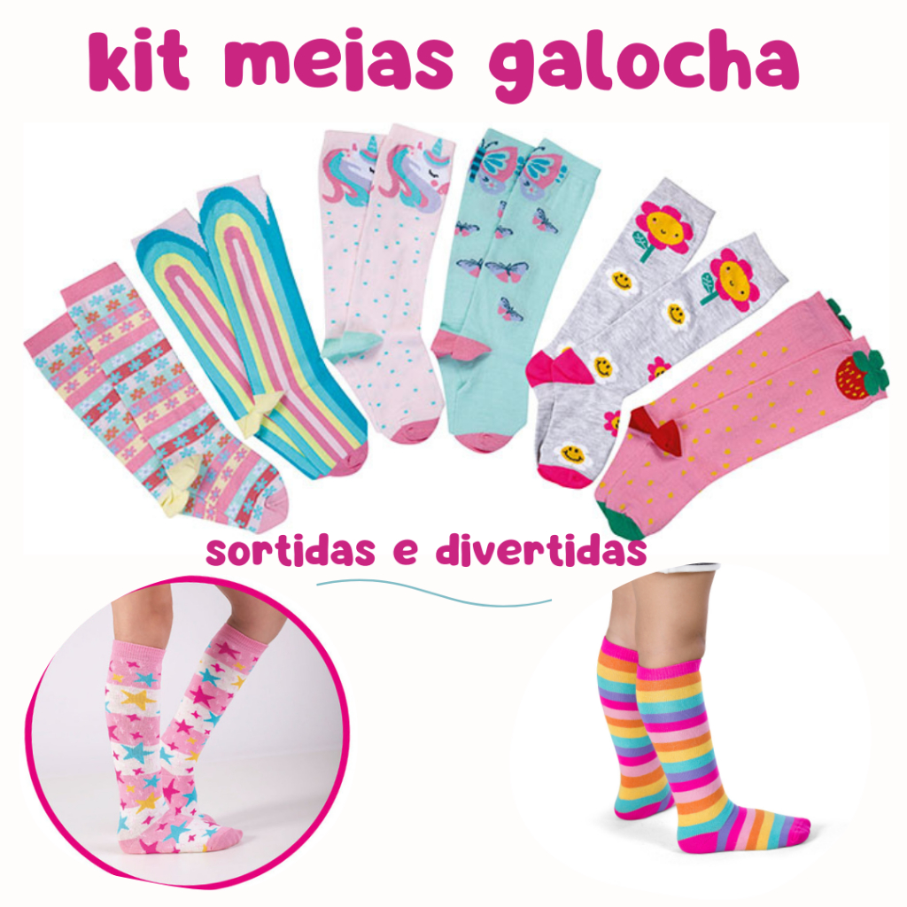 Kit Meia 3/4 Infantil Colorida Menina Cano Longo Joelho Galochita Divertida Promoção Kit Meia 3/4 Infantil Colorida Menina Cano Longo Joelho Galochita Divertida Promoção