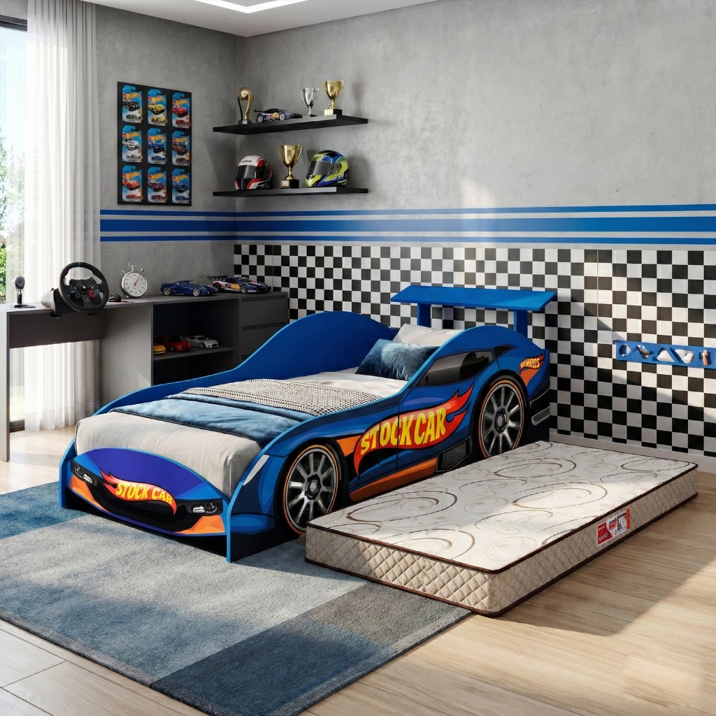 Cama Infantil Stock Car em MDF com Colchão Incluso Design Carro de Corrida para Quarto Infantil Cama Infantil Stock Car em MDF com Colchão Incluso Design Carro de Corrida para Quarto Infantil