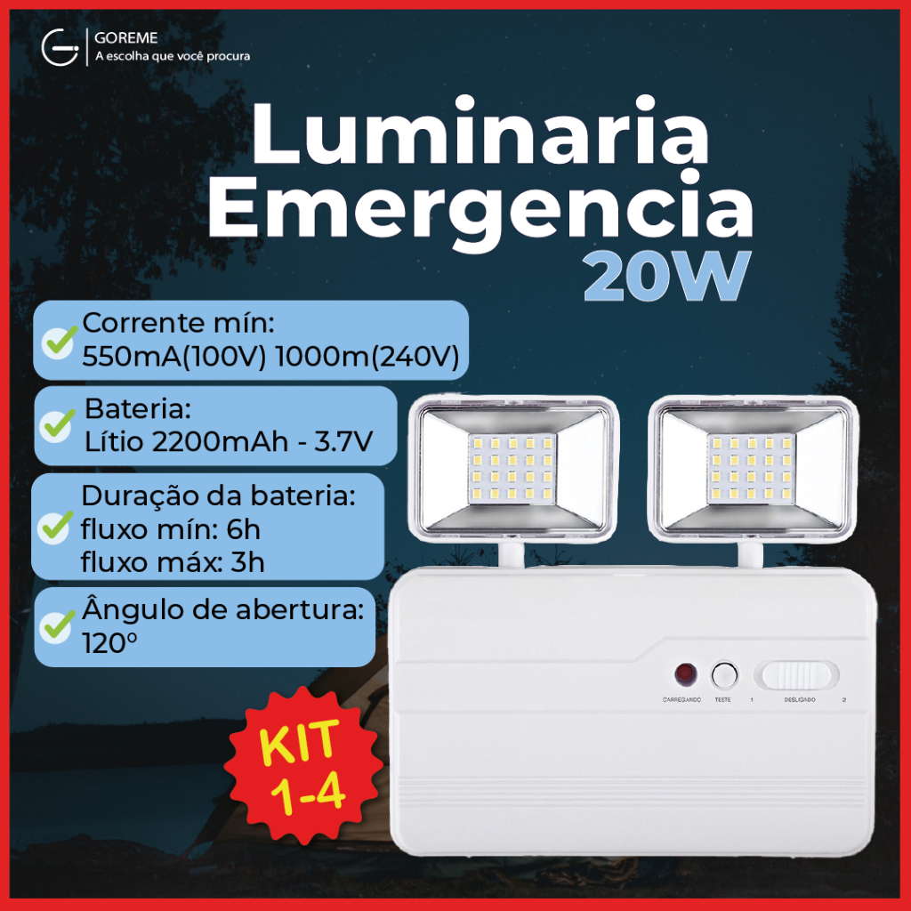 Luminária de Emergência LED PRO 20W com 2 Farol 40 LEDS Luz Branco Frio Luminária de Emergência LED PRO 20W com 2 Farol 40 LEDS Luz Branco Frio