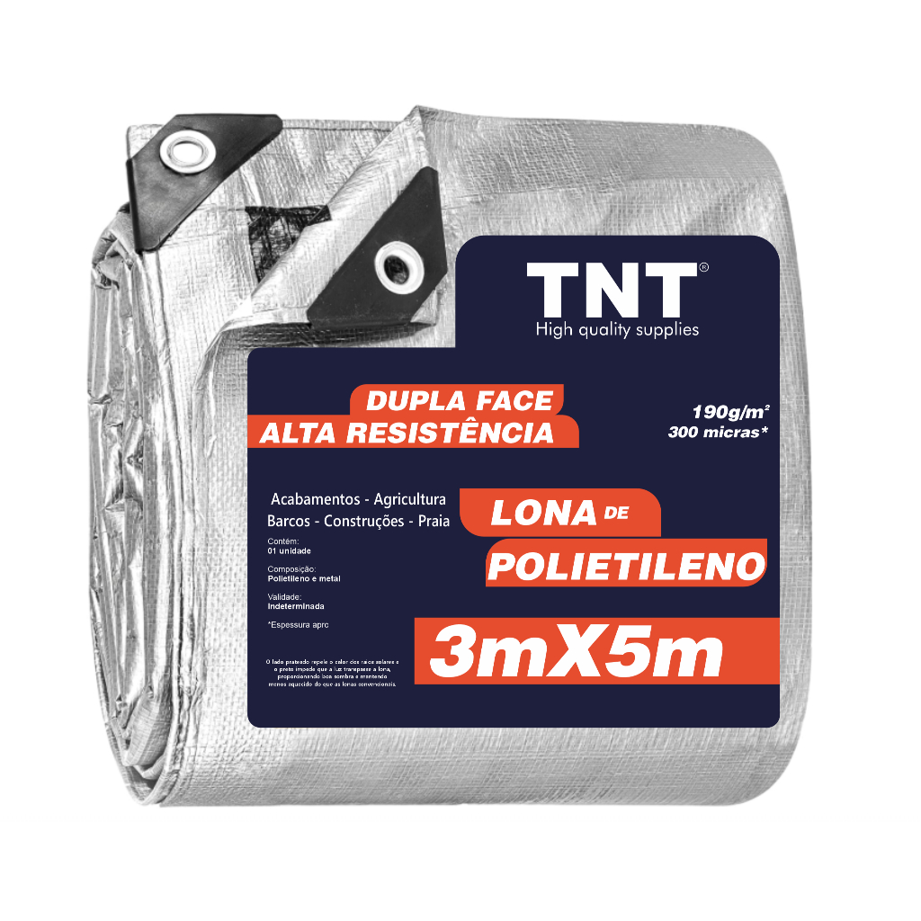 Tnt Lona Prata 3M X 5M – Extra Forte 300 Micras Com Ilhós