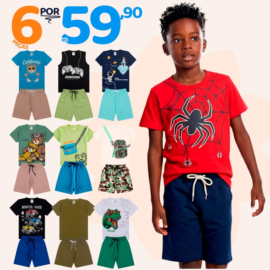 Kit Sortido 6 Peças de Roupas Infantil Menino 3 Camisetas + 3 Bermudas – Kit com 3 Conjuntos de Roupa Infantil Menino Kit Sortido 6 Peças de Roupas Infantil Menino 3 Camisetas + 3 Bermudas – Kit com 3 Conjuntos de Roupa Infantil Menino