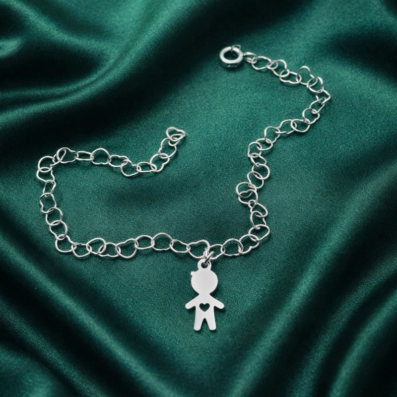 Pulseira Elos de Corações com Pingente Filho Menino em Prata 925 Pulseira Elos de Corações com Pingente Filho Menino em Prata 925