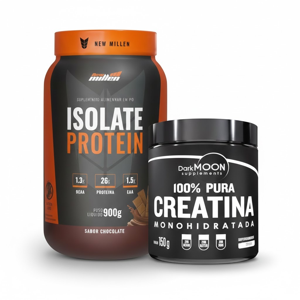 Kit Whey Protein Isolado Zero Lactose New Millen + Creatina Pura 150g DarkMoon Kit Whey Protein Isolado Zero Lactose New Millen + Creatina Pura 150g DarkMoon