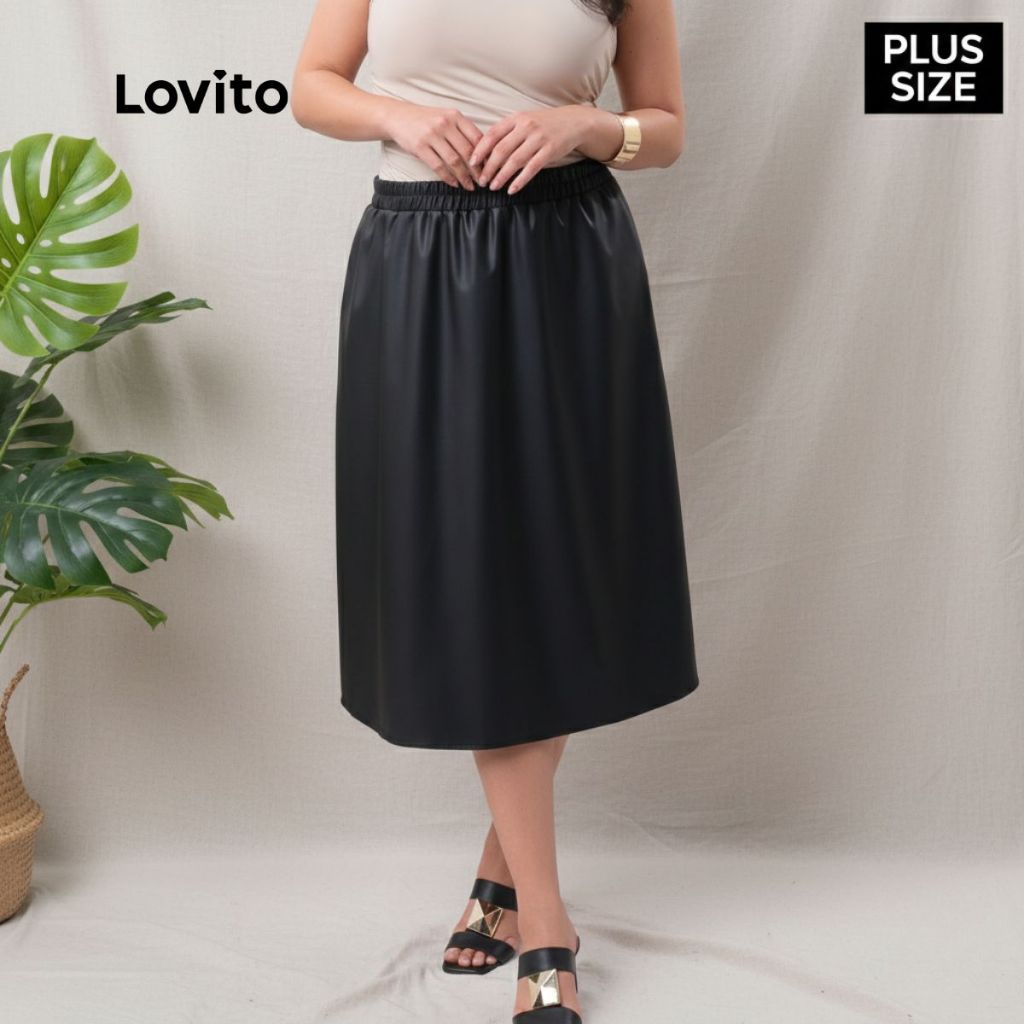 Lovito Plus Size Saia Couro Ecologico Feminina Liso Elegante SKB734BRL764