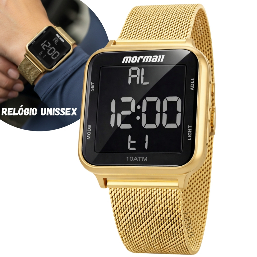 Relógio Mormaii Unissex Digital Quadrado Dourado Prova Dágua Relógio Mormaii Unissex Digital Quadrado Dourado Prova Dágua