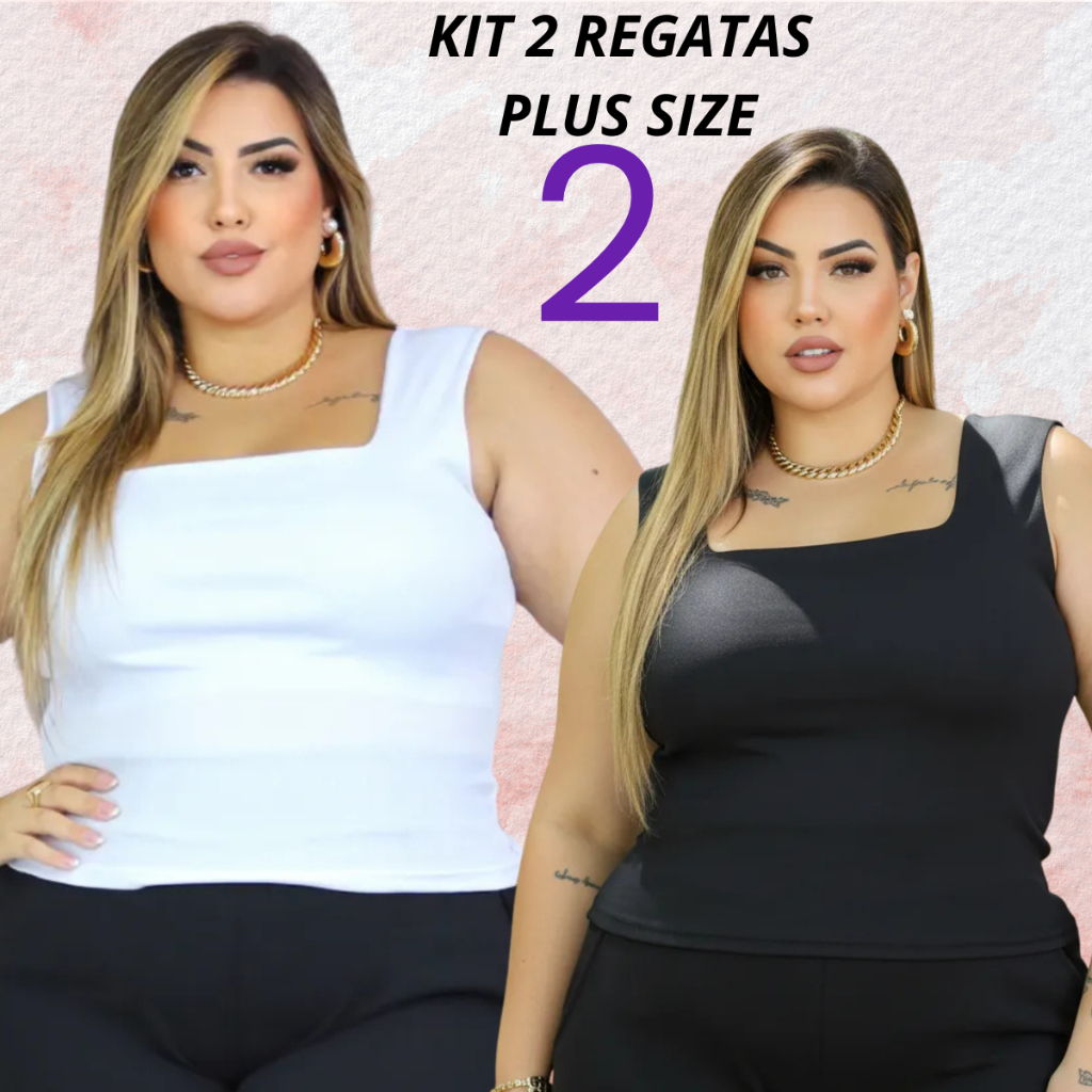 KIT 2 Blusa Regata Plus Size Social Chique com Gola Quadrada Verão Moda Feminina Plus Size Elegante KIT 2 Blusa Regata Plus Size Social Chique com Gola Quadrada Verão Moda Feminina Plus Size Elegante