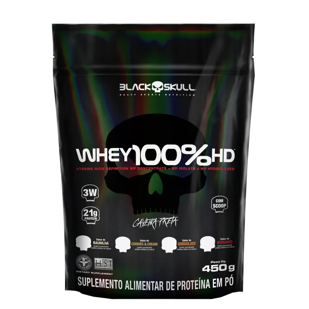 Whey Protein Black Skull 100% HD 450g Refil Econômico Pós-Treino Whey Protein Black Skull 100% HD 450g Refil Econômico Pós-Treino