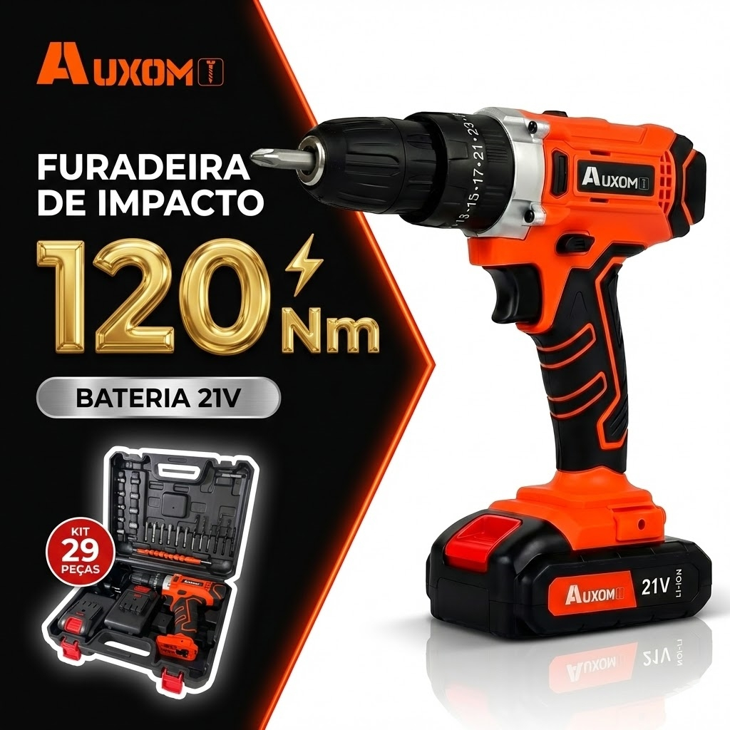 AUXOM Furadeira Parafusadeira de Impacto 21V Profissional 120Nm Kit 29 Peças + Maleta Bivolt AUXOM Furadeira Parafusadeira de Impacto 21V Profissional 120Nm Kit 29 Peças + Maleta Bivolt