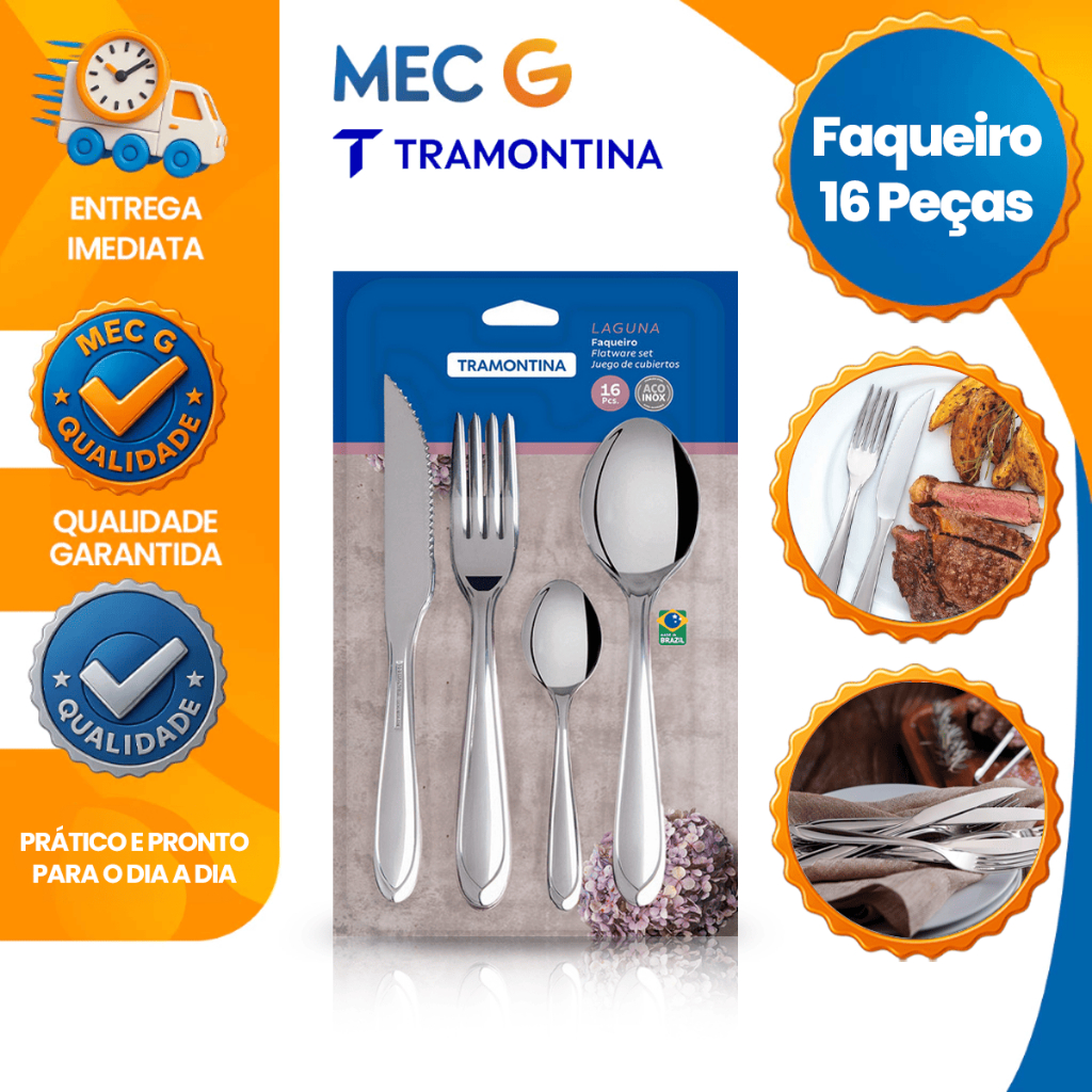 Jogo de Talheres de Inox Faqueiro 16 Peças Garfo Faca Colher de Sopa Colher de Chá Laguna Tramontina