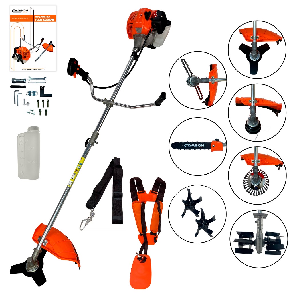 Roçadeira Aparador de Grama a Gasolina Multifuncional com Tubo Bipartido 52cc 2,5HP Profissional Carbon Fak Roçadeira Aparador de Grama a Gasolina Multifuncional com Tubo Bipartido 52cc 2,5HP Profissional Carbon Fak