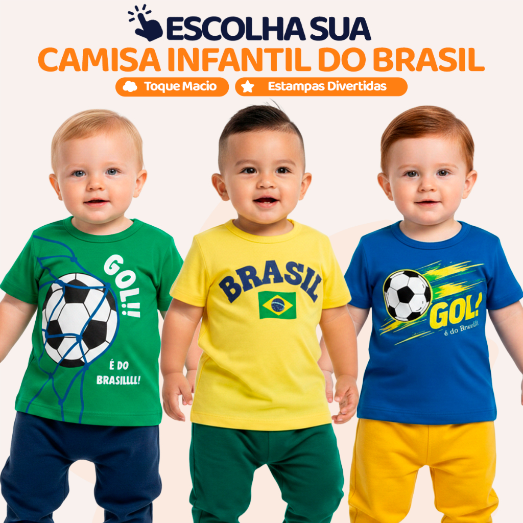 Camiseta Bebê Brasil Copa do Mundo 2026 Roupa Infantil Seleção Brasileira Confortável Algodão Amarelo, Azul, Verde. L12 Camiseta Bebê Brasil Copa do Mundo 2026 Roupa Infantil Seleção Brasileira Confortável Algodão Amarelo, Azul, Verde. L12