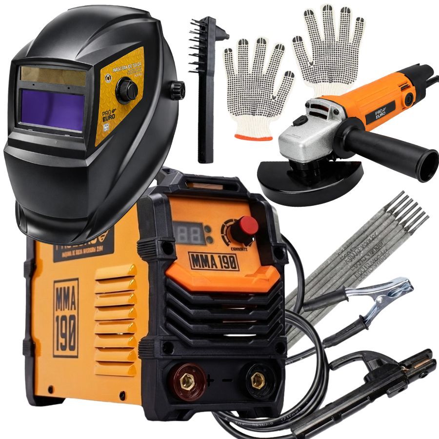 Kit Máquina de Solda Inversora MMA 190A 220V Esmerilhadeira 720W Máscara Solda Automática Pró Euro Kit Máquina de Solda Inversora MMA 190A 220V Esmerilhadeira 720W Máscara Solda Automática Pró Euro