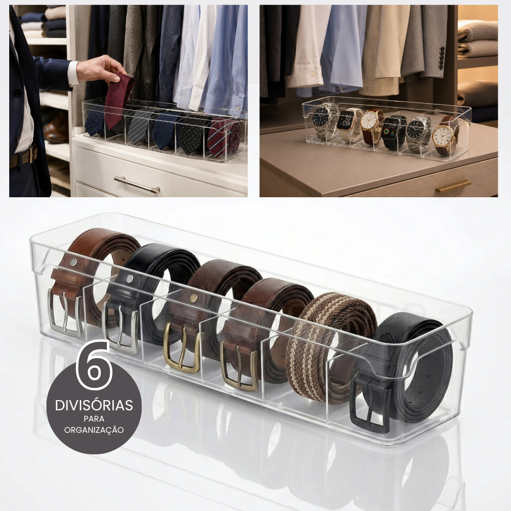Organizador de Cintos Gravata Relógio 34x10x8 Com 6 Divisórias em Acrílico Para Gavetas e Armário Organizador de Cintos Gravata Relógio 34x10x8 Com 6 Divisórias em Acrílico Para Gavetas e Armário