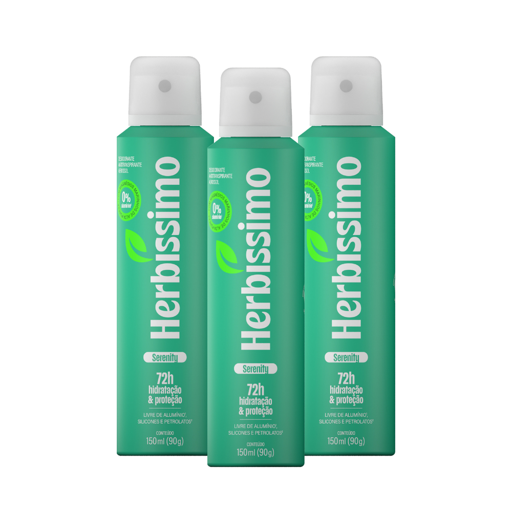 Kit Desodorante Antitranspirante Aerossol Zero Alumínio Herbíssimo Serenity 150ml (3 unidades) Kit Desodorante Antitranspirante Aerossol Zero Alumínio Herbíssimo Serenity 150ml (3 unidades)