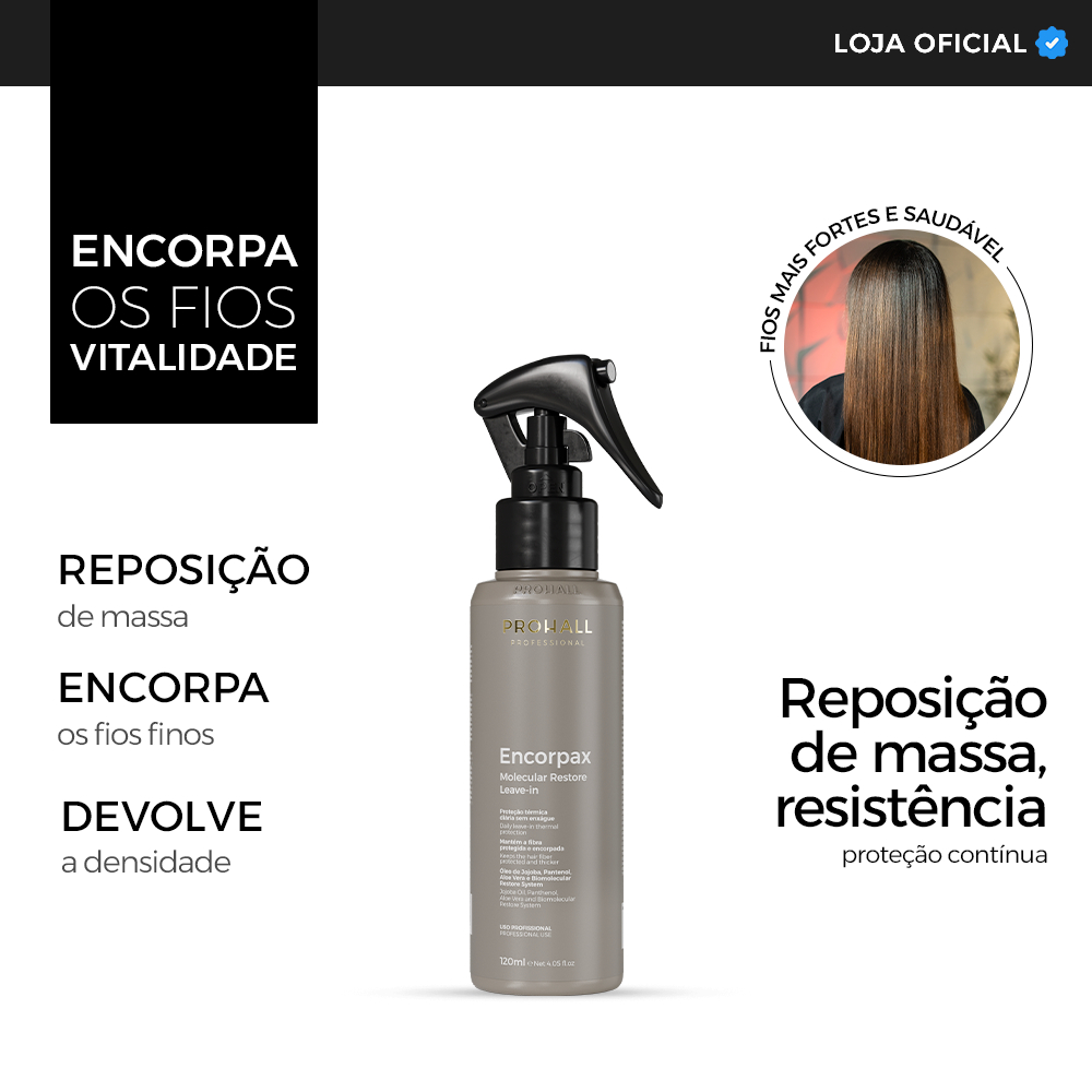 Leave-In Antifrizz para Cabelos Finos Proteção Térmica, Encorpax Prohall 120ml Leave-In Antifrizz para Cabelos Finos Proteção Térmica, Encorpax Prohall 120ml