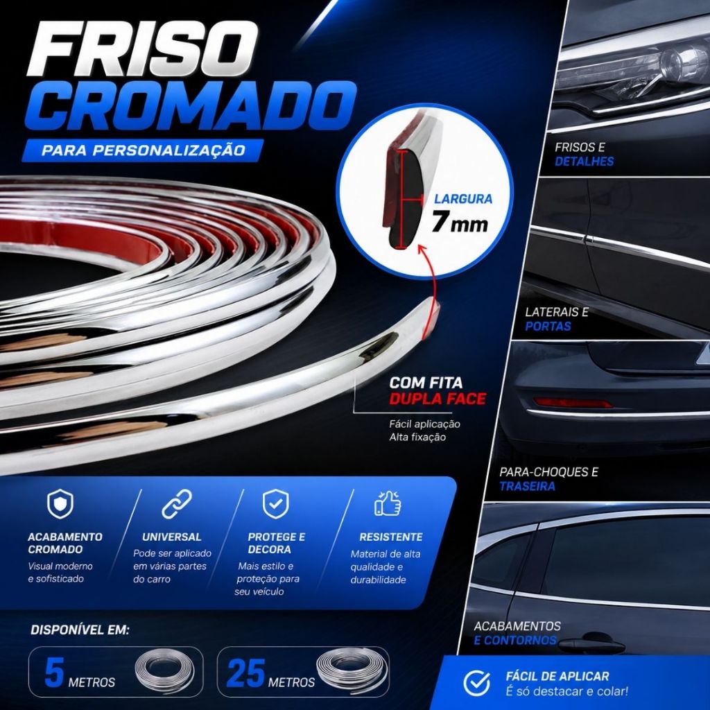 Aplique Friso Universal Autocolante Cromado 7mm para Grades e Para choque