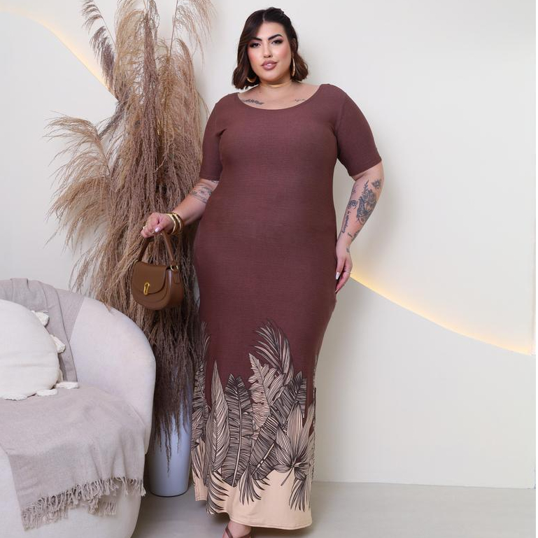 Vestido Longo Plus Size evangélico Bolsos Fenda Lateral Gola U Elegante Moderno moda cristã curve Vestido Longo Plus Size evangélico Bolsos Fenda Lateral Gola U Elegante Moderno moda cristã curve
