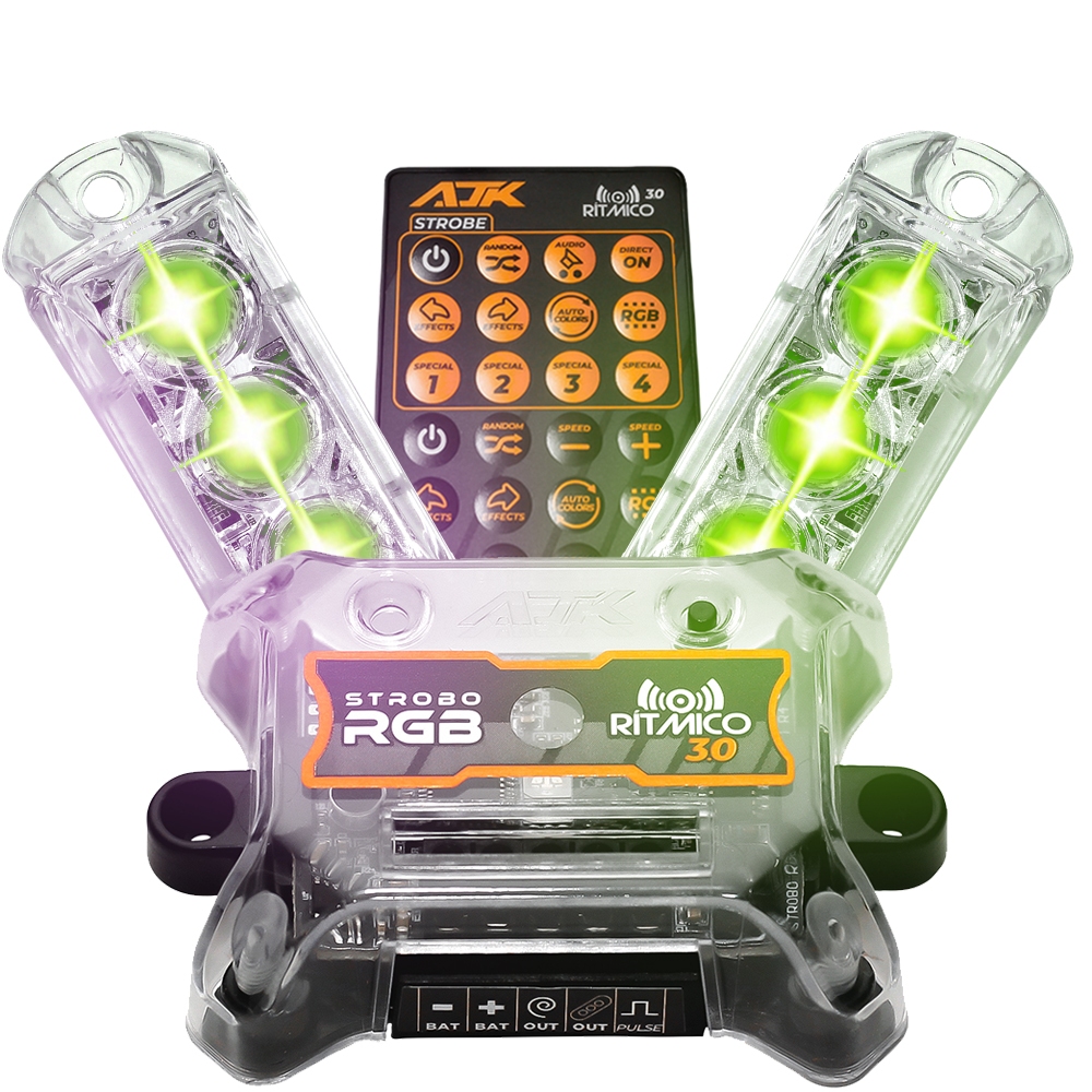 Kit Strobo AJK 3.0 6W RGB Digital Endereçável e Ritmico + 2 Faróis 6W + Controle 38 Mil Efeitos Kit Strobo AJK 3.0 6W RGB Digital Endereçável e Ritmico + 2 Faróis 6W + Controle 38 Mil Efeitos