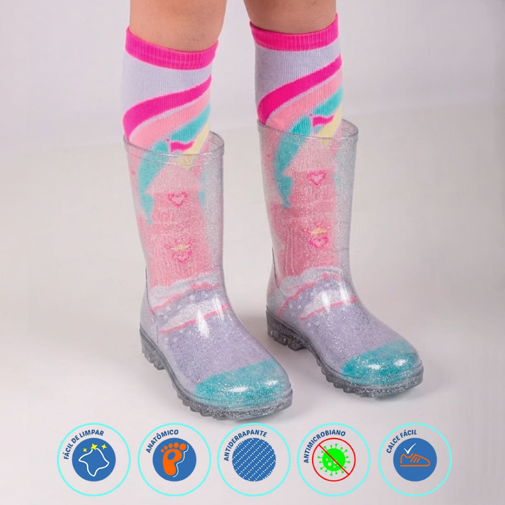 Kit Bota + Meia Galocha Menina Feminina Infantil Impermeável Transparente Meia Colorida Macia Leve Kit Bota + Meia Galocha Menina Feminina Infantil Impermeável Transparente Meia Colorida Macia Leve