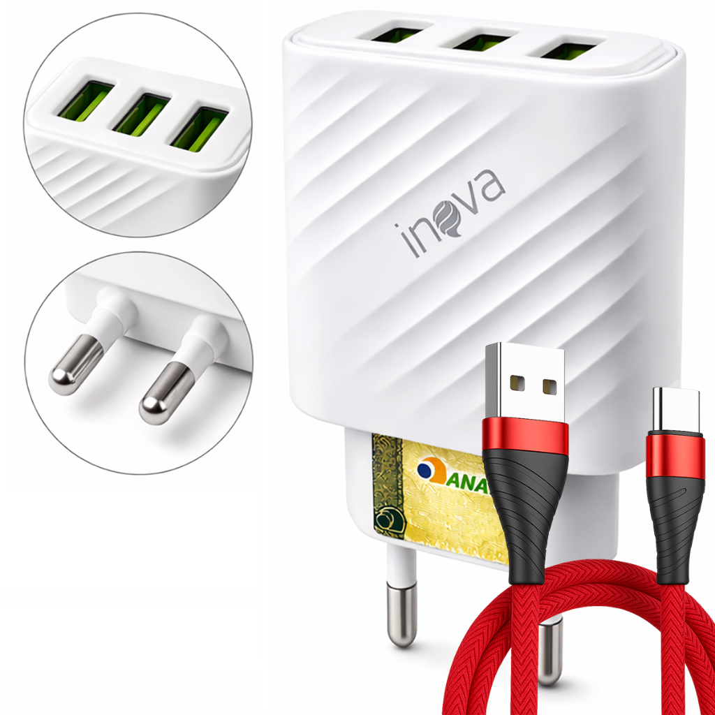 Carregador Celular Fonte USB 3 Entradas Com Cabo Carregador 2 Metros iPhone Android V8 Tipo C Carregador Celular Fonte USB 3 Entradas Com Cabo Carregador 2 Metros iPhone Android V8 Tipo C