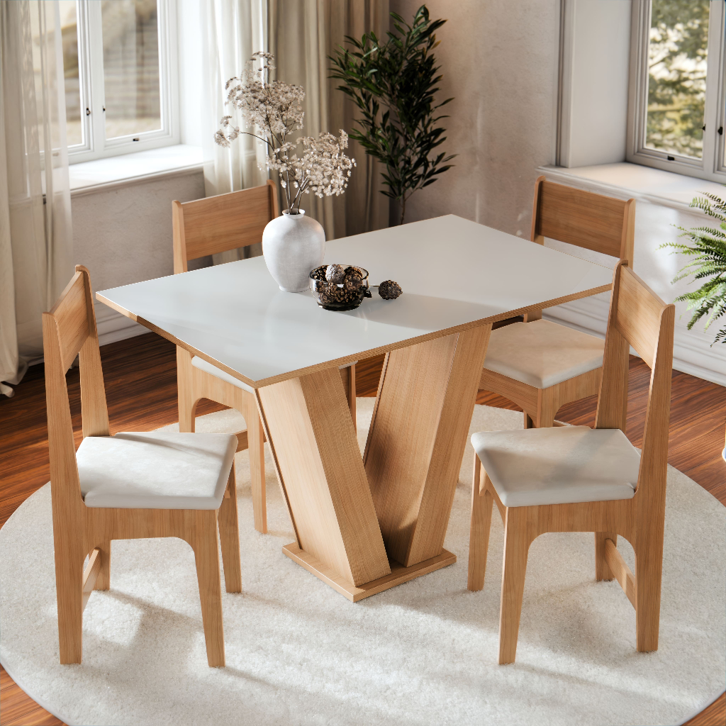 Conjunto Sala de Jantar 4 Lugares Cadeiras Estofadas Mesa Para Cozinha Vivi Tampo Semelhante Vidro