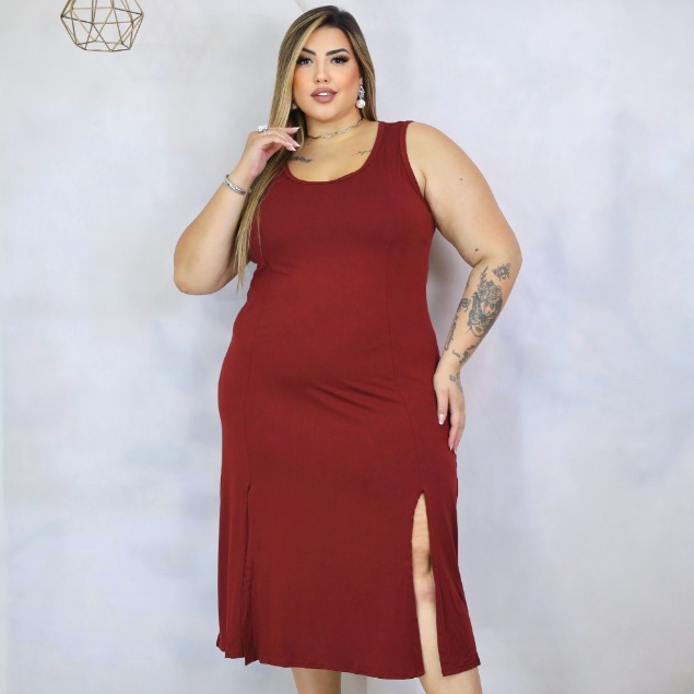 Vestido Feminino Regata Midi Fendas Frontais Plus Size Estiloso mid size verão curve Vestido Feminino Regata Midi Fendas Frontais Plus Size Estiloso mid size verão curve