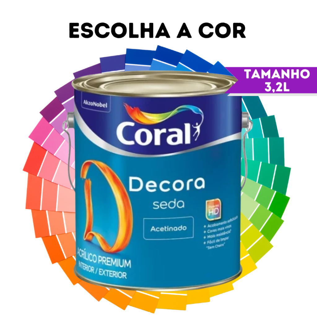 Tinta Acrílica Acetinada Decora Seda 3,2l Coral Premium Escolha a Cor Tinta Acrílica Acetinada Decora Seda 3,2l Coral Premium Escolha a Cor