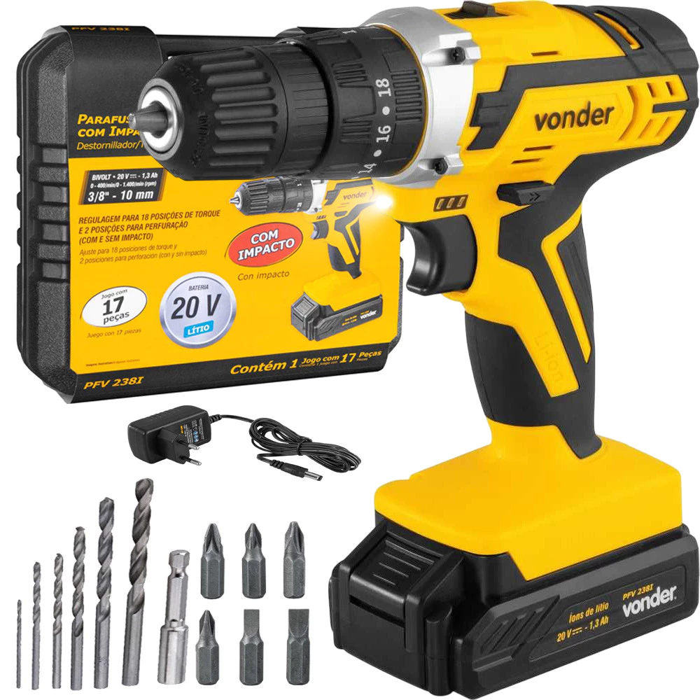 Parafusadeira Furadeira de Impacto 20v Sem Fio Com Maleta Broca e Bits PFV238I Vonder Parafusadeira Furadeira de Impacto 20v Sem Fio Com Maleta Broca e Bits PFV238I Vonder