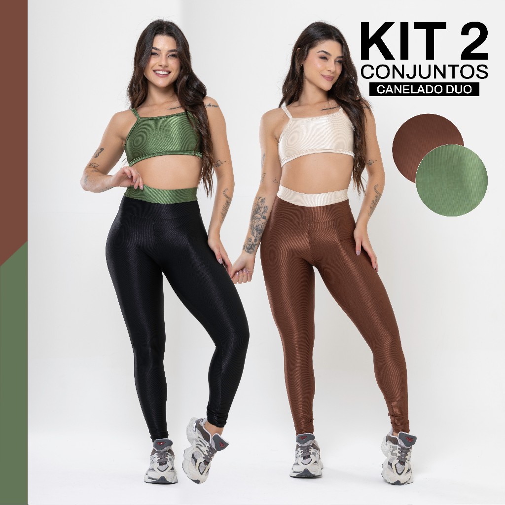 Kit 2 Conjuntos Fitness De Academia Duo Trilobal Canelado Brilhoso Legging Alta Compressão Kit 2 Conjuntos Fitness De Academia Duo Trilobal Canelado Brilhoso Legging Alta Compressão
