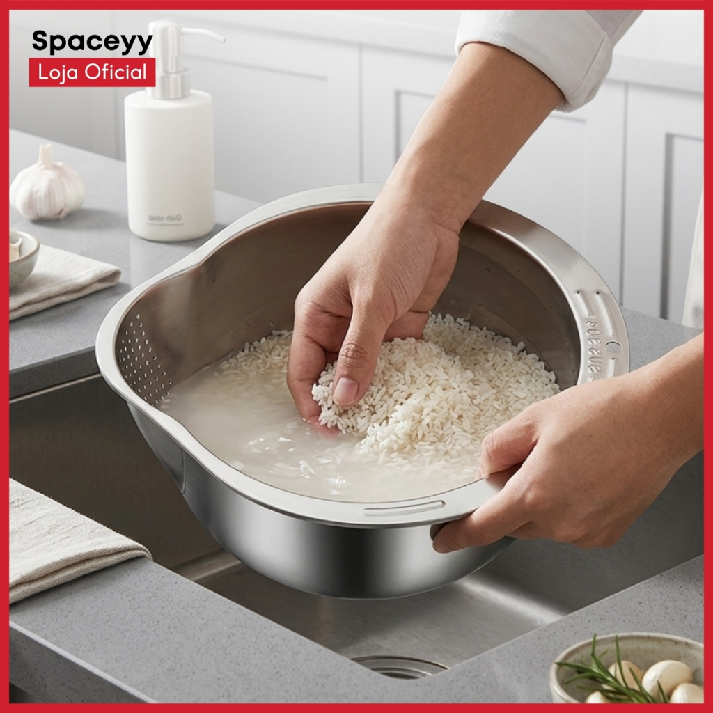 Escorredor de Arroz Aço Inox Frutas Legumes Massas Multiuso em 27cm Escorredor de Arroz Aço Inox Frutas Legumes Massas Multiuso em 27cm