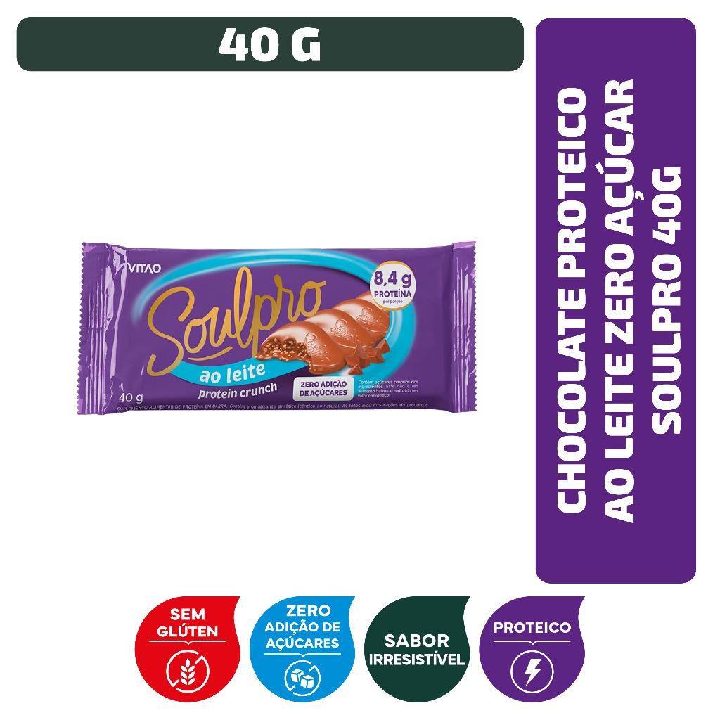 Chocolate Proteico ao Leite Zero Açúcar Soulpro 40 g Chocolate Proteico ao Leite Zero Açúcar Soulpro 40 g
