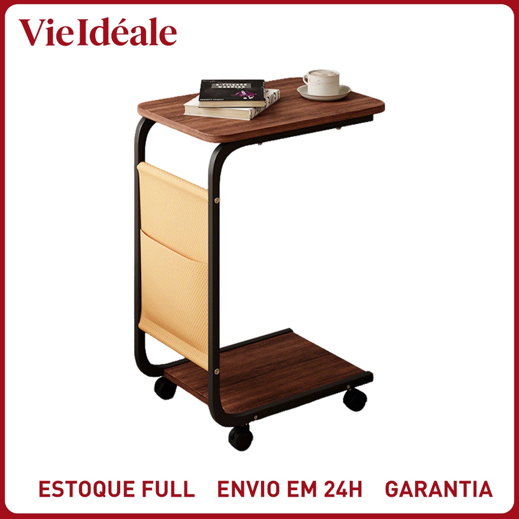 Mesa Lateral com Rodinhas e Porta Objetos – Mesa de Apoio Multifuncional para Notebook e Café Mesa Lateral com Rodinhas e Porta Objetos – Mesa de Apoio Multifuncional para Notebook e Café