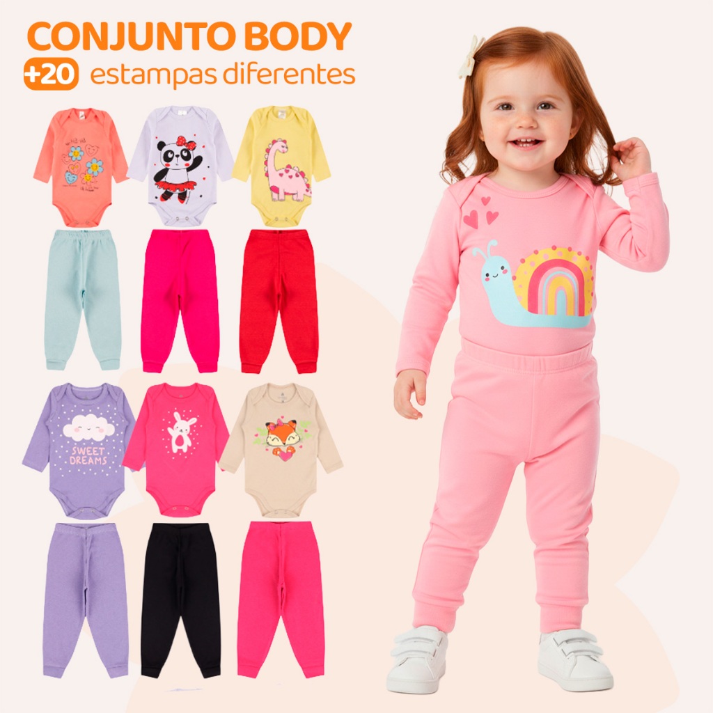 Kit 4 ou 8 Peças de Roupas para Bebê Menina (Body Longo+ Calça Mijão) Conjunto Body + Calça Roupa Infantil Kit 4 ou 8 Peças de Roupas para Bebê Menina (Body Longo+ Calça Mijão) Conjunto Body + Calça Roupa Infantil