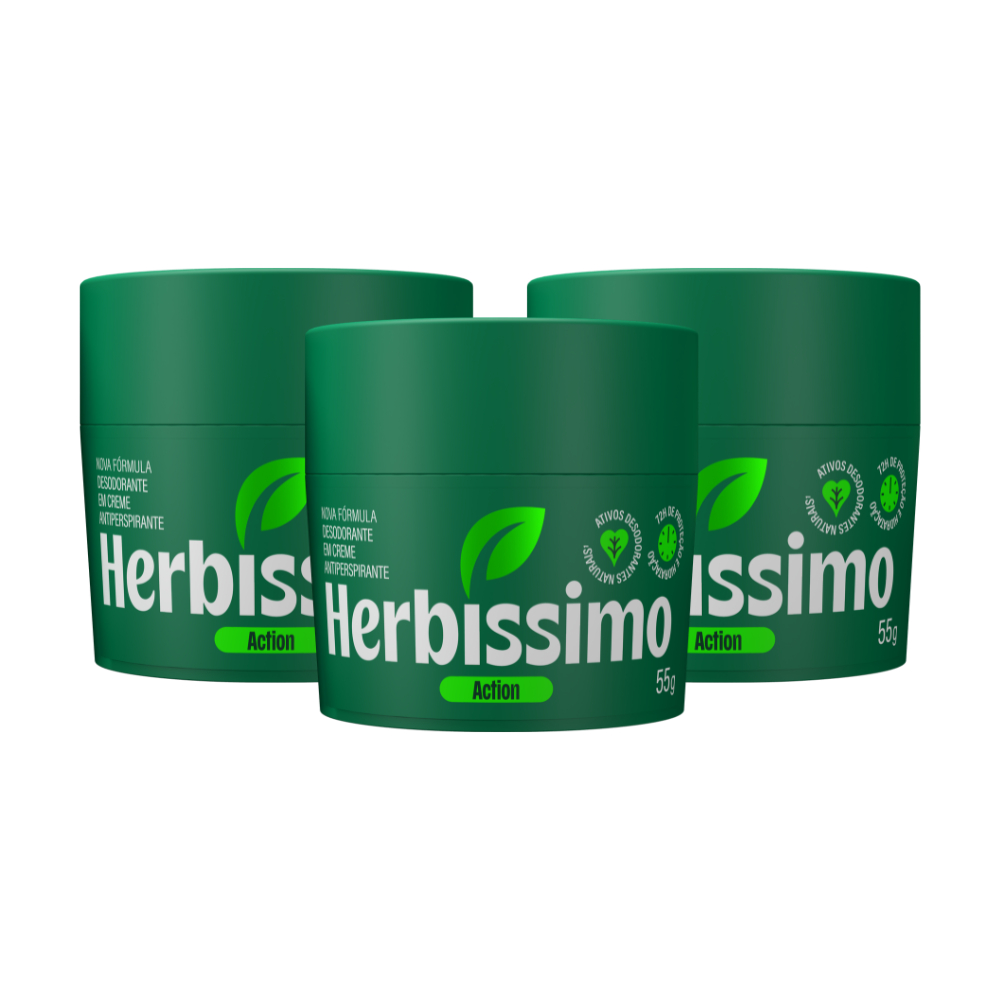 Kit Desodorante Em Creme Antitranspirante Herbíssimo Action 55g (3 unidades) Kit Desodorante Em Creme Antitranspirante Herbíssimo Action 55g (3 unidades)