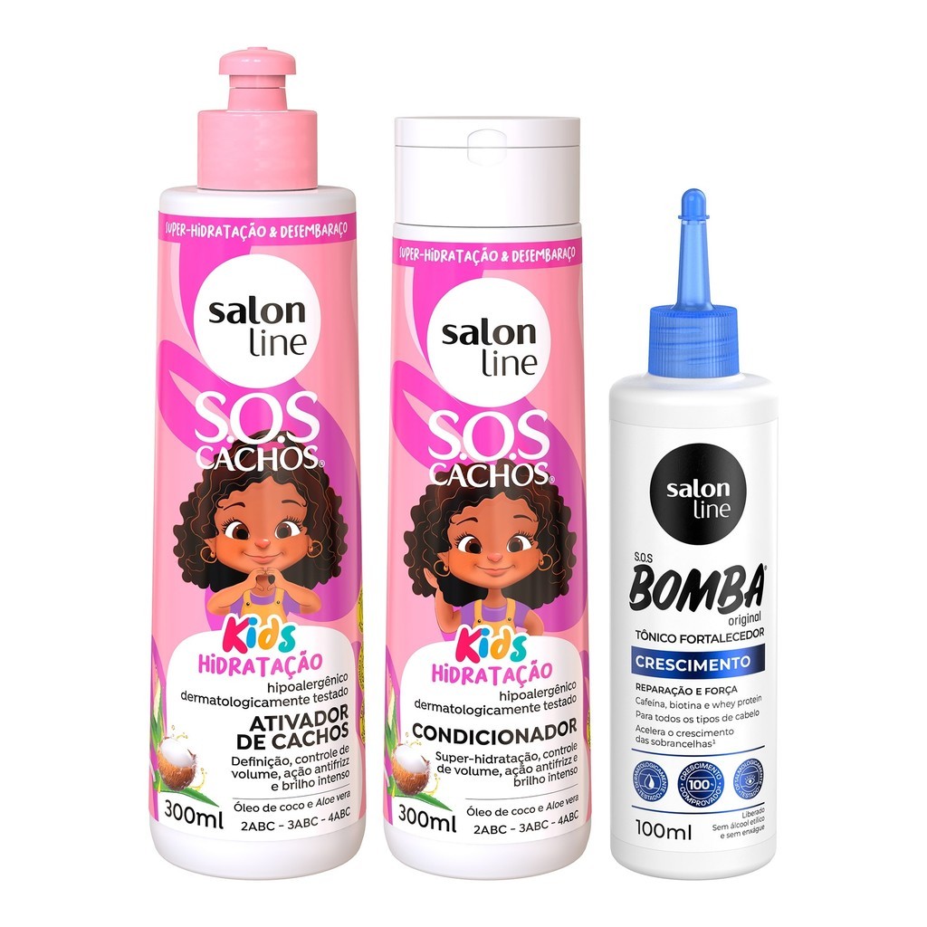 Kit com Condicionador e Ativador de Cachos SOS Cachos + Tônico Fortalecedor SOS Bomba Salon Line Kit com Condicionador e Ativador de Cachos SOS Cachos + Tônico Fortalecedor SOS Bomba Salon Line