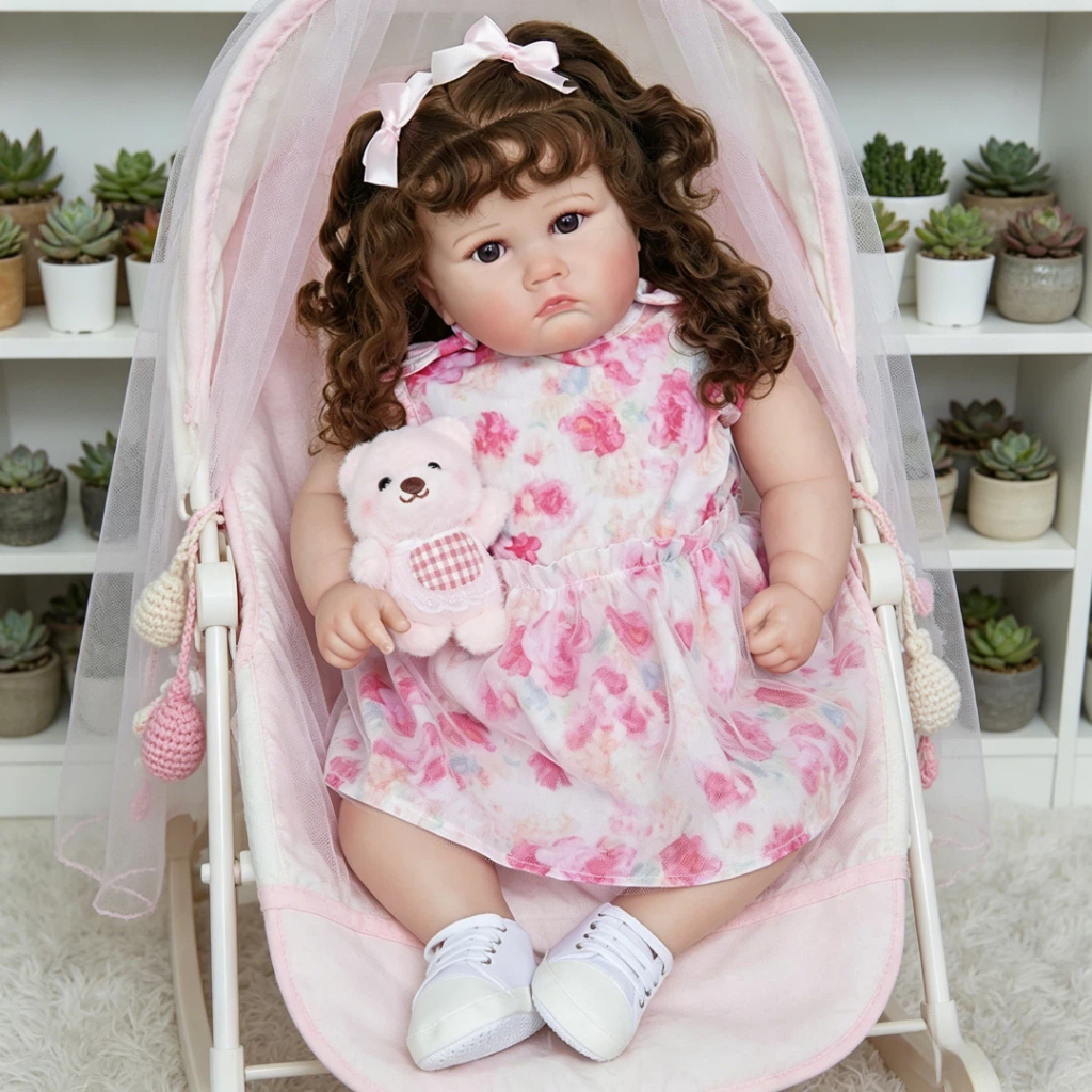 Bebê Reborn Menina Realista Corpo de Pano 60cm Olho Castanho Cabelo Implantado Acessórios Inclusos Brastoy
